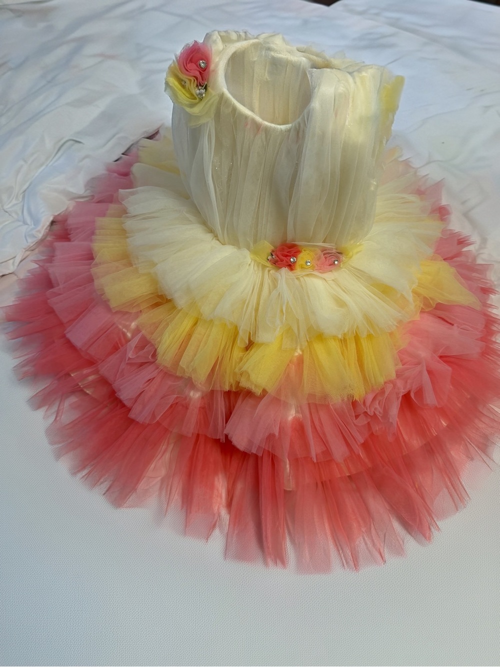 Ivory, Yellow & Pink Tulle Kids Tutu Dress - Floral Accent